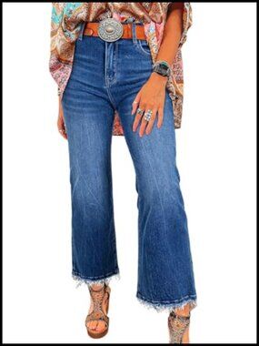 High Waisted Flared Jeans Stretchy Raw Hem Trendy Denim Pants